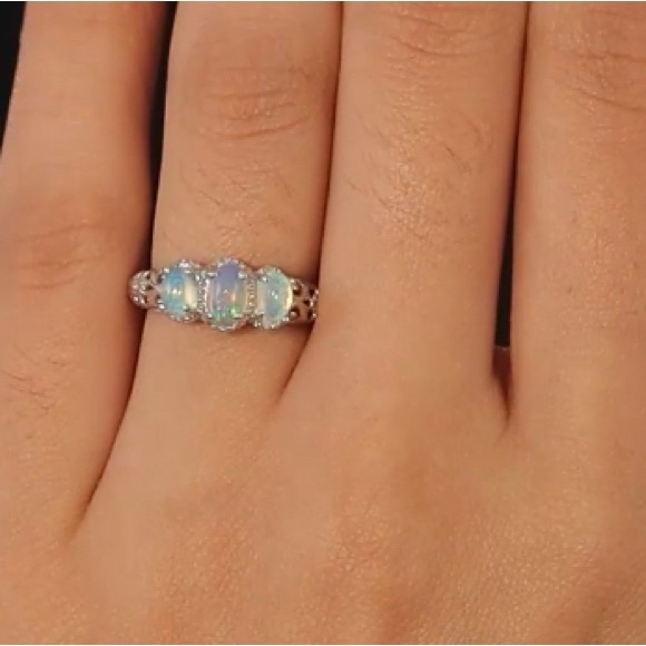 Ethiopian Welo Opal .75ctw 3-stone, Trilogy Sterling Silver/Platinum Plated Ring - Picture 9 of 9